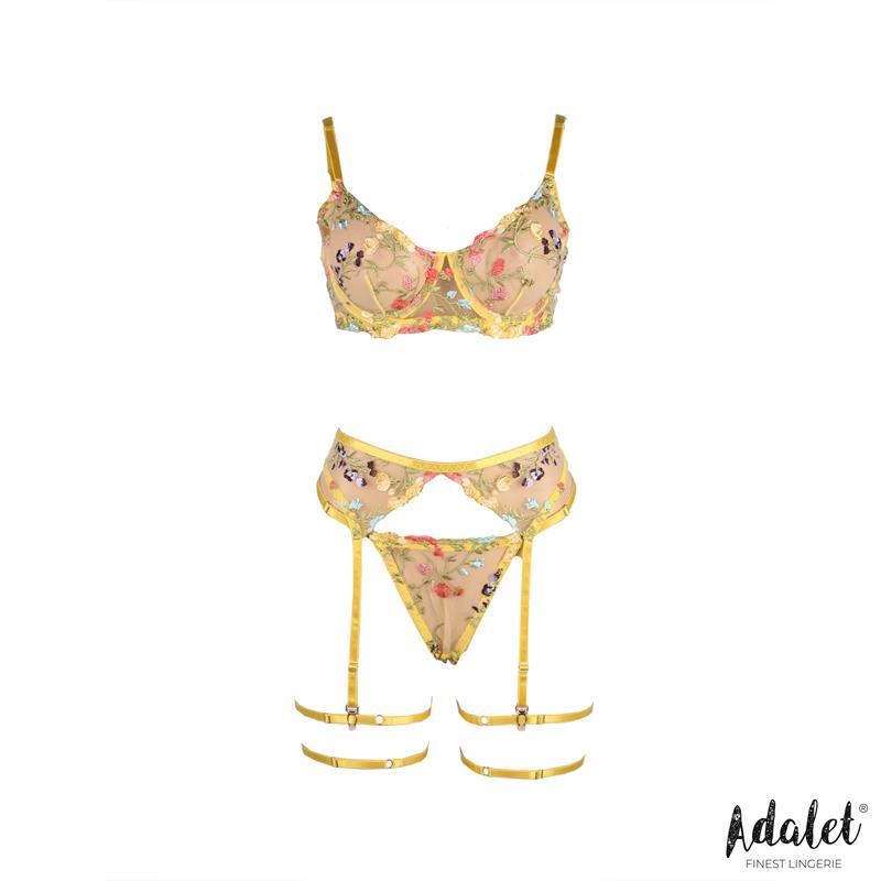 ADALET LINGERIE Ensemble Zoey soutien-gorge, string, porte-jarretelles et jarretelles à fleurs jaunes