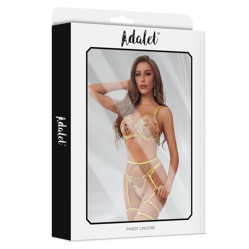 ADALET LINGERIE Ensemble Zoey soutien-gorge, string, porte-jarretelles et jarretelles à fleurs jaunes